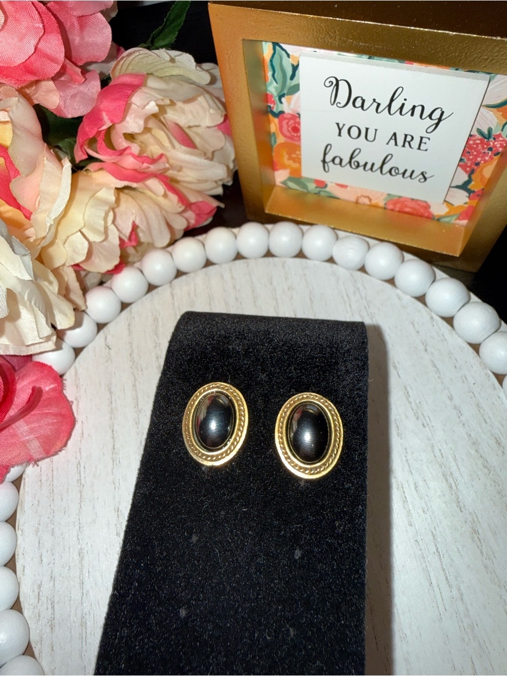 Vintage Yves Saint Laurent YSL Black Cabochon Gold Tone Oval Clip On Earrings